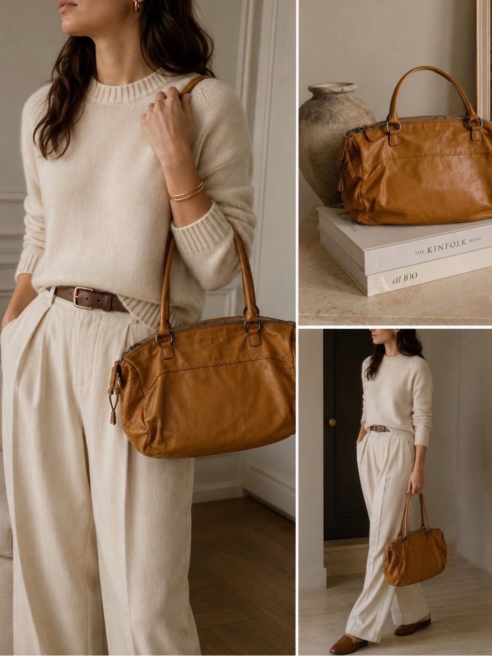 Vintage Miu Miu Cognac Leather Whipstitch Shoulder Bag Made in Italy COA